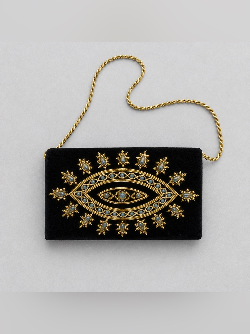 Black Velvet Embellished Evening Bag with Gold Intertwined Rope Strap